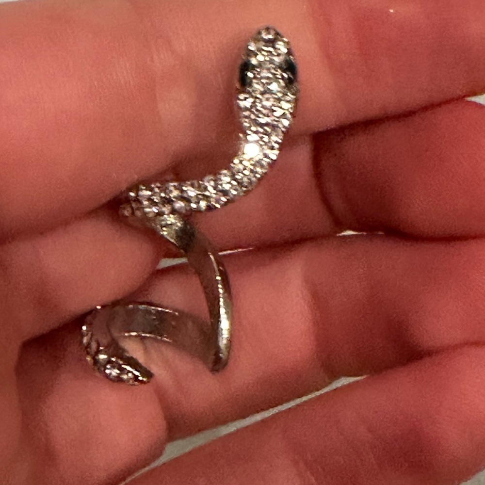 Silver jeweled snake ear cuff.